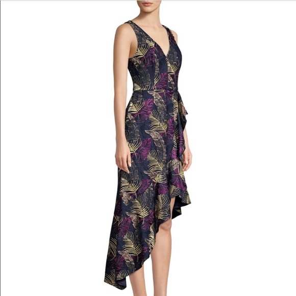 Aidan Mattox  asymmetrical V-neck Ruffle Hem sleeveless midi dress - Picture 2 of 13